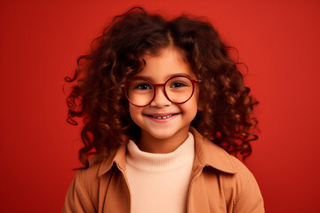 Funny and elegant 5 year old latin girl in glasses poses in the studio. looking at camera on bright background - obrazy, fototapety, plakaty
