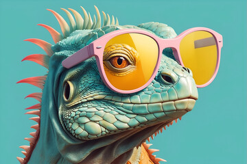 Iguana cartoon illustration with pink sunglasses on a blue pastel background, very funny illustration, commercial advertisement, award winning pet magazine cover
