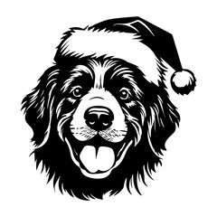 Cute newfoundland Dog wearing Santa hat head, Christmas illustration, Generative AI.