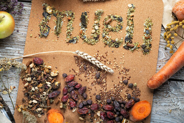 muesli word collecting from real horse muesli and granules for sportive horses.  feeding and horse care concept.
