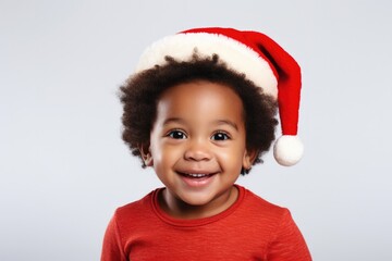 Portrait of a smiling baby of Afro American ethnicity wearing Santa hat in white background