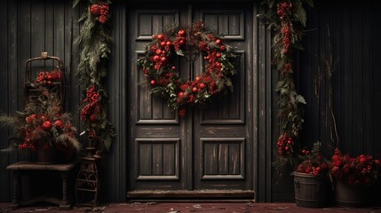 Fototapeta na wymiar Generative AI, Front door with Christmas decoration, wreath and garland, muted colors, cottage rustic doorway ..