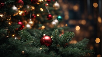 Fototapeta na wymiar christmas tree and decorations ornament, celebration, winter, branch, fir, new, year, pine, green, christmas tree, gold, season