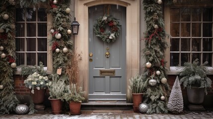 Generative AI, Front door with Christmas decoration, wreath and garland, muted colors, cottage rustic doorway ..