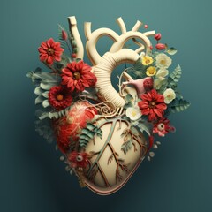 Vintage Anatomical Heart with Floral Accents and Mechanical Gears.