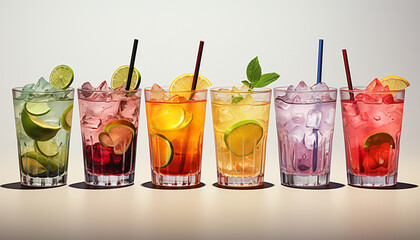 Row of various drinks on light background. Collection of various alcoholic cocktails drink glasses, icons set, different kind of mocktails colorful. Cocktail party concept - obrazy, fototapety, plakaty
