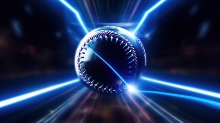 Vibrant 3D Rendering of Single Black Adult Softball with Abstract Blue Neon Lines in Dynamic Motion