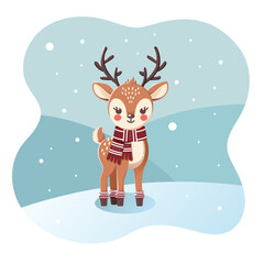 A charming cartoon deer in a festive winter setting, outlined, hangs as a sweet greeting on a snowy Christmas day. Baby deer in winter, designed with cheerful reds and blues.