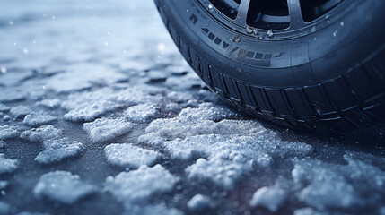 snowy road and winter tires close-up for safe mountain travel - obrazy, fototapety, plakaty