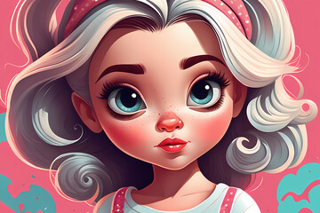 Cute cartoon girl portrait digital illustration, Digital art, Cartoon style