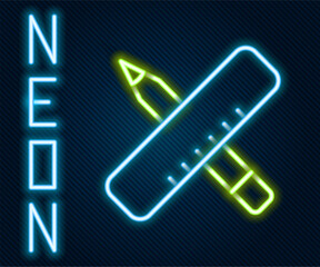 Glowing neon line Crossed ruler and pencil icon isolated on black background. Straightedge symbol. Drawing and educational tools. Colorful outline concept. Vector