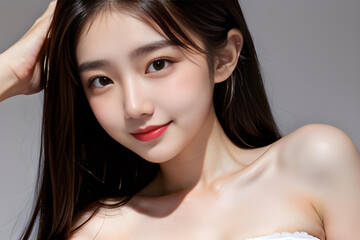 Naklejka premium Beautiful smiling Asian girl model with natural makeup touching glowing hydrated skin. Skin care advertising style photo.
