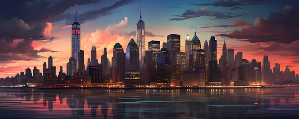 panorama skyline, city, sunset, sky, cityscape, building, night, water, buildings, downtown,...