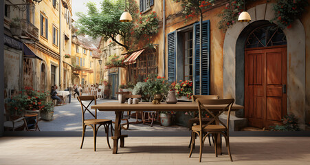 street cafe in the city table, chair, restaurant, cafe, chairs, street, dining, furniture, interior, patio, house, wooden, wood
