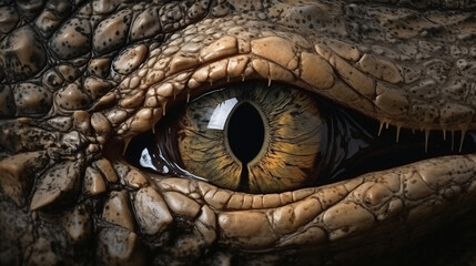 A alligator eye tearing a rip through the background wall. crocodile animals eyes. generative ai - obrazy, fototapety, plakaty