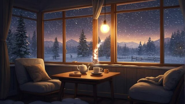 A warmly lit room with a big wide window, showcasing a snowy landscape outside. A steaming hot coffee cup on a table by the window captures the serene and comforting atmosphere of a winter evening.