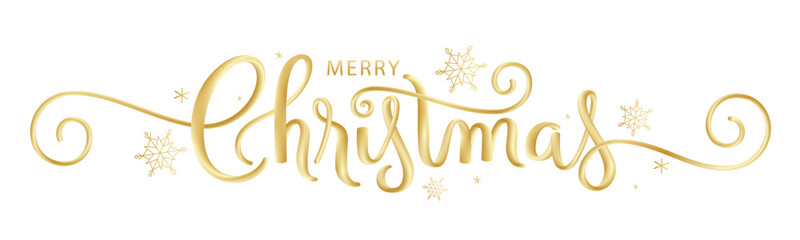 MERRY CHRISTMAS metallic gold vector brush calligraphy banner with spirals and snowflakes