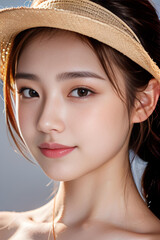 Beautiful smiling Asian girl model with natural makeup touching glowing hydrated skin. Skin care advertising style photo.