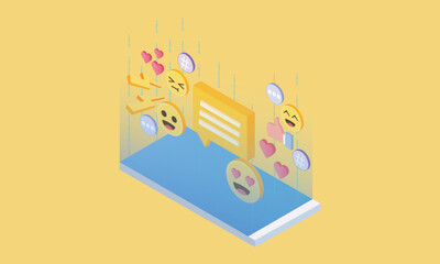 3d minimal social media with emoji, hashtag, speech on mobile hand holding, interface optimization for banner and website for mockup mobile phone concept.on pastel yollow background.