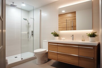 Fototapeta na wymiar a bathroom designed in Modern Style. clean lines, minimalist decor, functionality and simplicity. real estate. interior design. generative AI