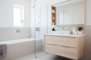 Fototapeta na wymiar a bathroom designed in Modern Style. clean lines, minimalist decor, functionality and simplicity. real estate. interior design. generative AI