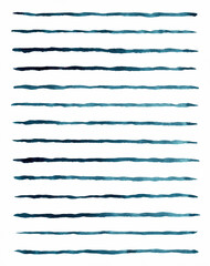 Thin Blue hand-painted stripes isolated on white background, watercolour lines, horizontal lines