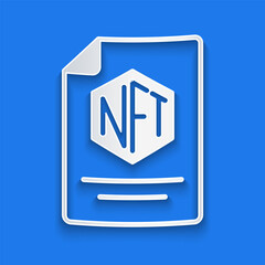 Paper cut NFT contract icon isolated on blue background. Non fungible token. Digital crypto art concept. Paper art style. Vector