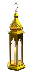 Lantern with a candle ornate gold design with a hook for hanging or carrying the lantern 3d illustration.