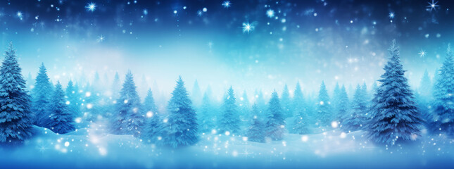 Christmas trees with illumination and snow blurred background banner.