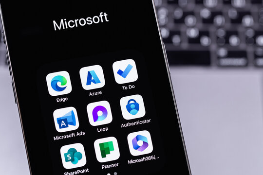 Microsoft services (Edge, Azure, To Do, Ads, 365) mobile apps on a screen smartphone. Microsoft Corporation is an American multinational technology company. Batumi, Georgia - November 4, 2023