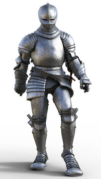 Standing knight in silver armor 3d illustration.