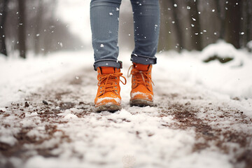 Woman's legs in snow walking