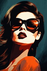Portrait of a beautiful fashionable woman with a hairstyle and sunglasses, dark blue background. Illustration, poster in style of the 1960s