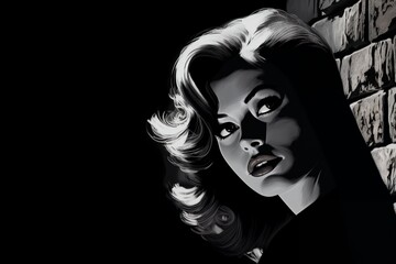 Portrait of a woman at night, near a brick wall background, dark, street. Noir. Tense mood, anxiety and fear. Illustration poster in style of 1960