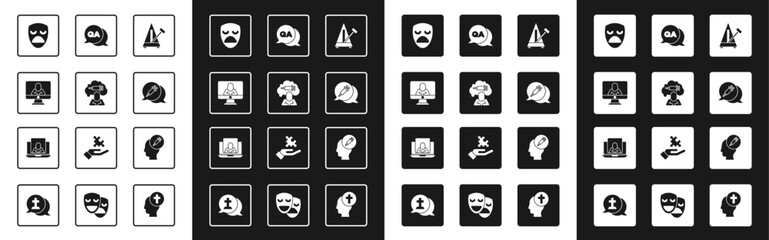 Set Metronome with pendulum, Addiction to the drug, Psychologist online, Drama theatrical mask, Question and Answer, and icon. Vector