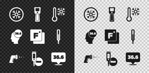 Set Snowflake, Digital thermometer, Thermometer with snowflake, Medical, and Fahrenheit icon. Vector - obrazy, fototapety, plakaty