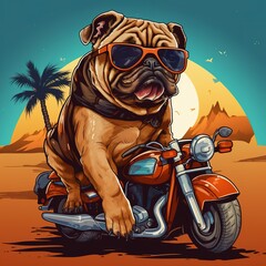 Bulldog riding a mortorcycle in the summer