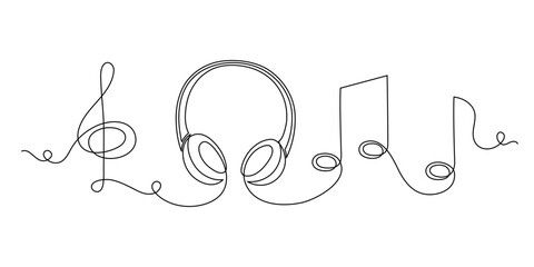 Headphone with treble clef and notes one line art,hand drawn device gadget continuous contour.Listening music wireless online concept,audition songs technology.Editable stroke.Isolated.Vector - obrazy, fototapety, plakaty