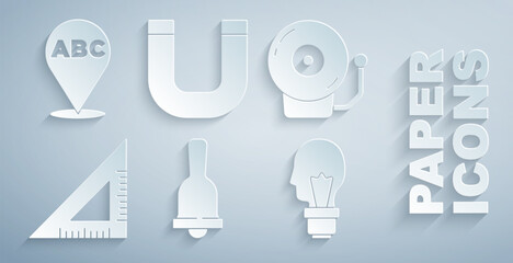 Set Ringing bell, alarm, Triangular ruler, Light bulb with concept of idea, Magnet and Alphabet icon. Vector