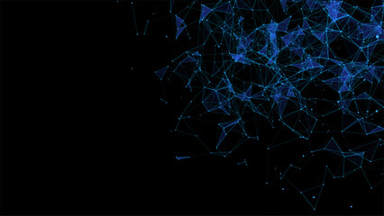 Blue abstract background with connection lines, dots and triangles. Technology network connection. Digital structure of particles. Vector illustration.