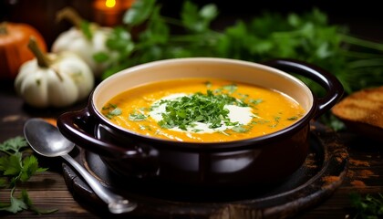 a bowl of pumpkin soup with cream and pumpkin seeds on a plate, Pumpkin soup with cream and parsley in a rustic style