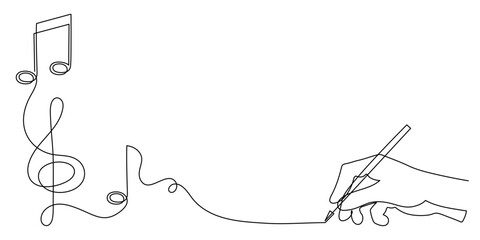 Hand writes musical treble clef and notes one line art, hand drawn continuous contour. Artistic creative concept, minimalist outline design. Editable stroke. Isolated. Vector illustration