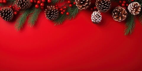 Red Christmas template for design with festive on red background. Flat lay, top view and copy space for text