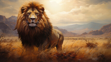 lion on the savannah - obrazy, fototapety, plakaty