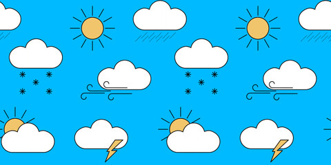 seamless pattern with weather forecast on blue background. Change of weather. Vector illustration.