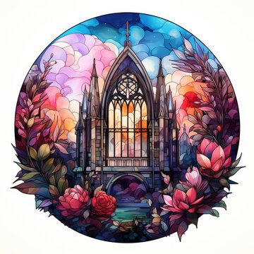 gothic church surrounded by flowers and sky clip art preview
