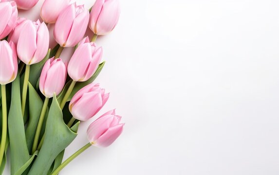 Happy start of spring poster. Beautiful light pink tulips bouquet isolated on white background. Garden flowers. Copy space for your text. Pastel colors. Fresh sale banner design. AI Generative.