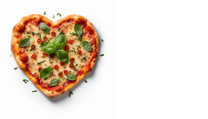 Delicious baked pizzas in the shape of a heart, with various vegetables and sausage, on a white background