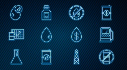 Set line No barrel for gasoline, Petrol station, oil drop, Oil, price increase, Bio fuel, with dollar and petrol test tube icon. Vector