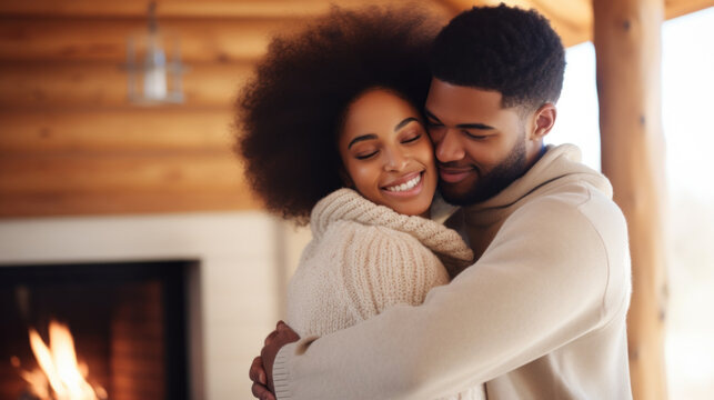 Beautiful African-American couple in white sweaters hugging while standing in front of the fireplace.
